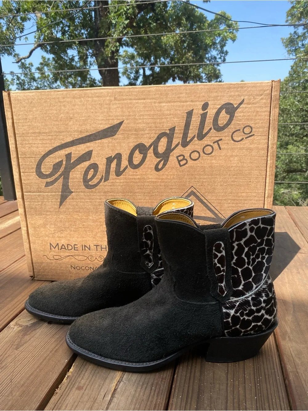 Fenoglio Boot Co Black Suede Western Ankle Boots Giraffe Hair-On Leather 9.5 NWT